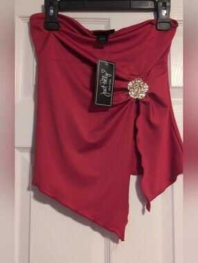 Just Polly NY Pink Ruched Strapless Tube Top Rhinestone Flower Asymmetric
